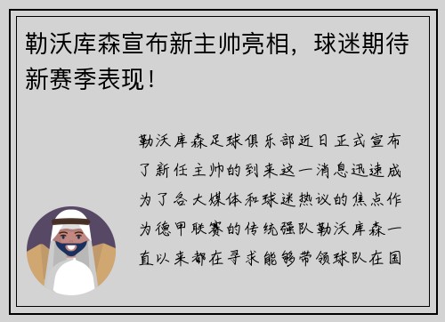 勒沃库森宣布新主帅亮相，球迷期待新赛季表现！