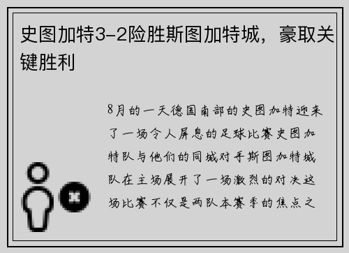 史图加特3-2险胜斯图加特城，豪取关键胜利