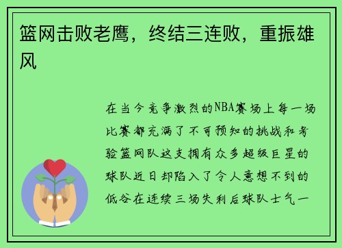篮网击败老鹰，终结三连败，重振雄风